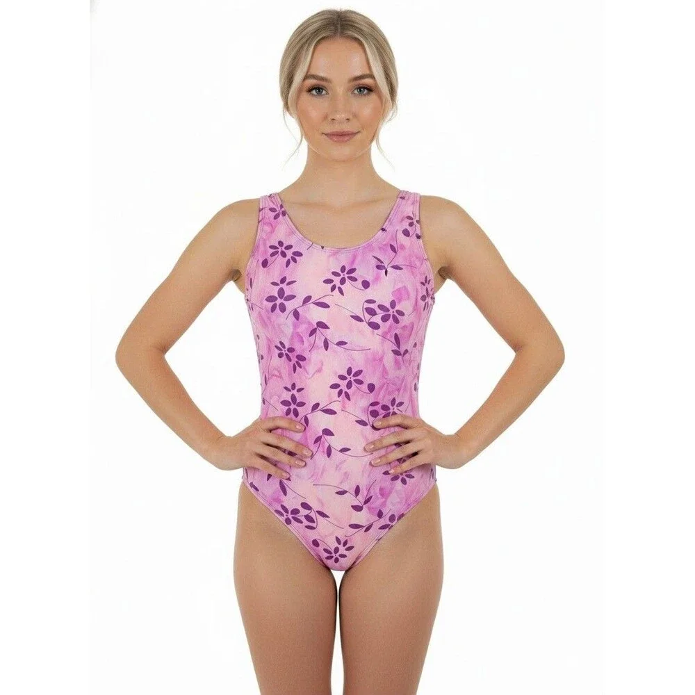 Satara VTG Asymmetric Cutout Glittered Floral Tank Leotard Size AL Pink Marble - Picture 2 of 16